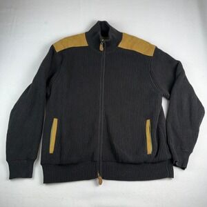 Orvis Mens Full Zip Sweater Knit Jacket Tan Suede Shoulders Pockets XL